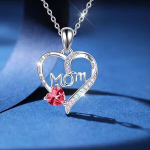 Mom Silver Red Rhinestone Heart Pendant Necklace Drop Charm Crystal Gemstone New